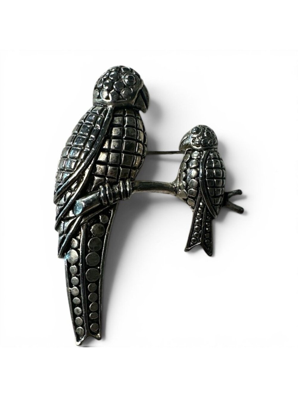 Parrot Pair Brooch Silver Tone Birds On Branch Textured Mom Baby 3D
